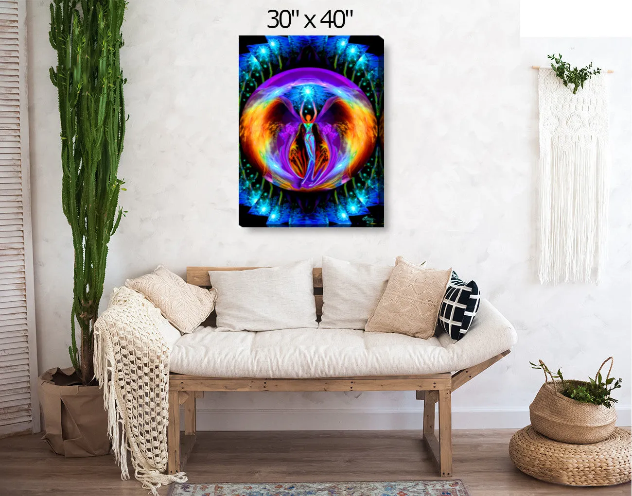 Chakra Angel Art Stretched Canvas Print, Rainbow Reiki Wall Decor - "Embrace Light"