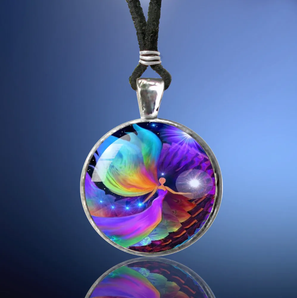Chakra Art Pendant, Rainbow Angel Necklace, Reiki Energy Artwork, "The Divine Path"