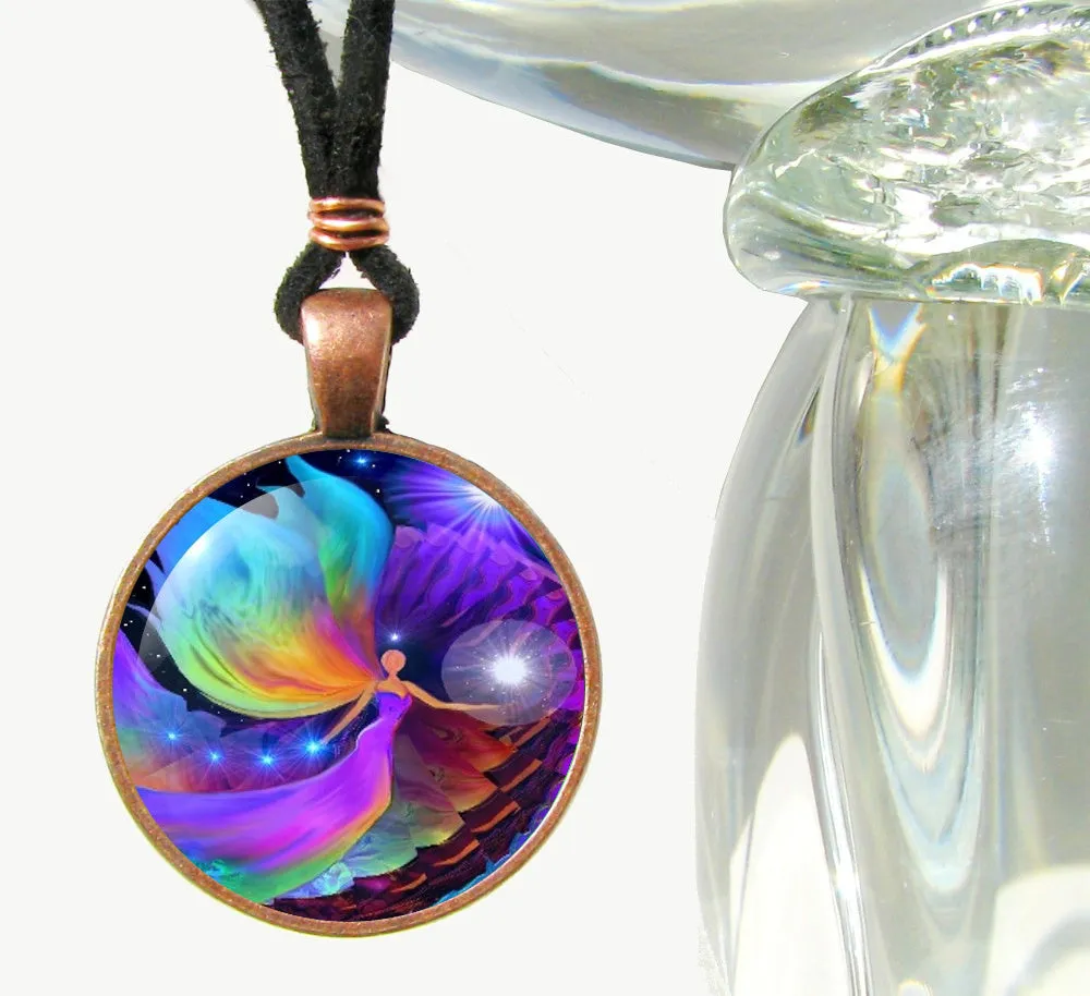 Chakra Art Pendant, Rainbow Angel Necklace, Reiki Energy Artwork, "The Divine Path"