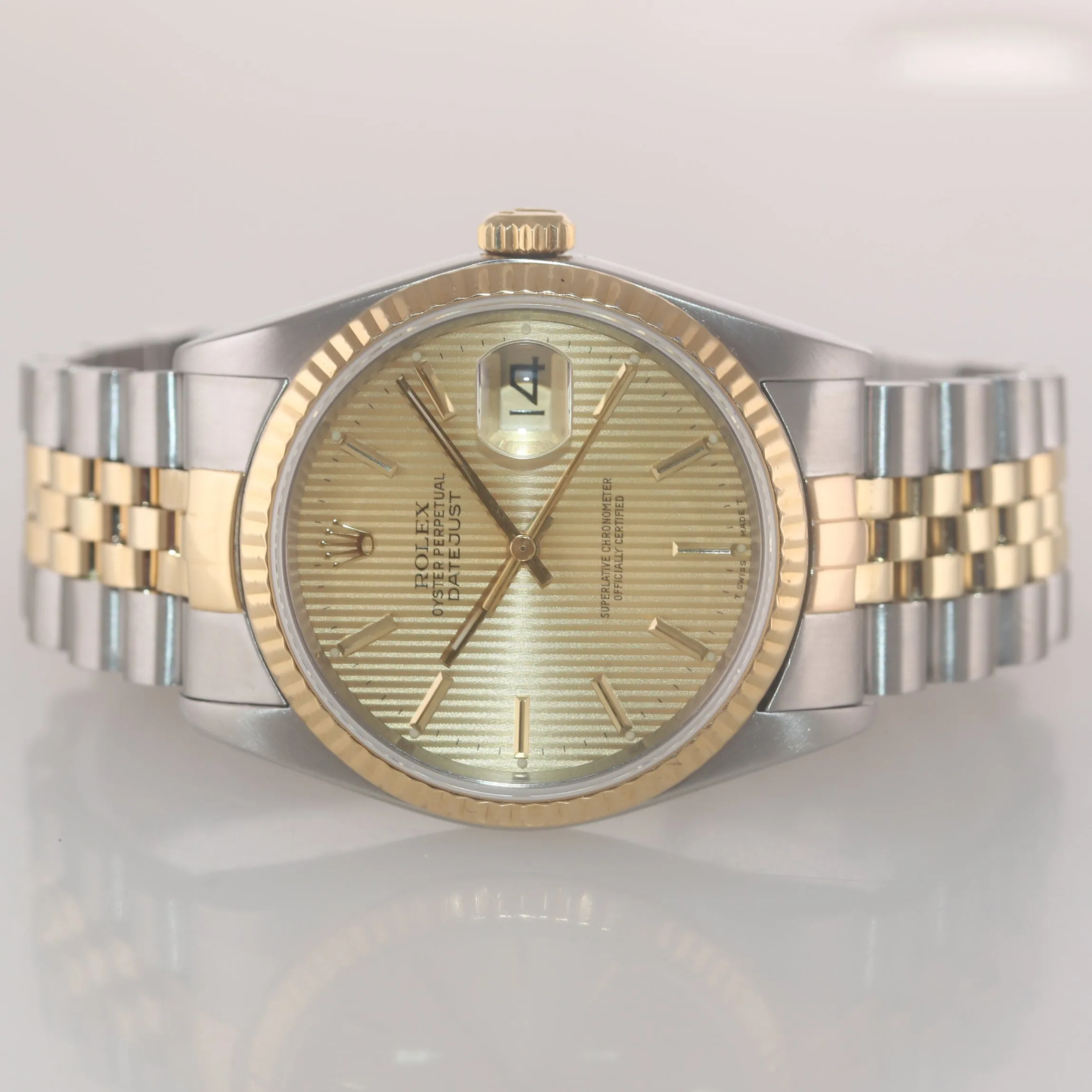 Champagne Tapestry Rolex DateJust 16233 Two Tone 18k Gold & Steel Jubilee Watch