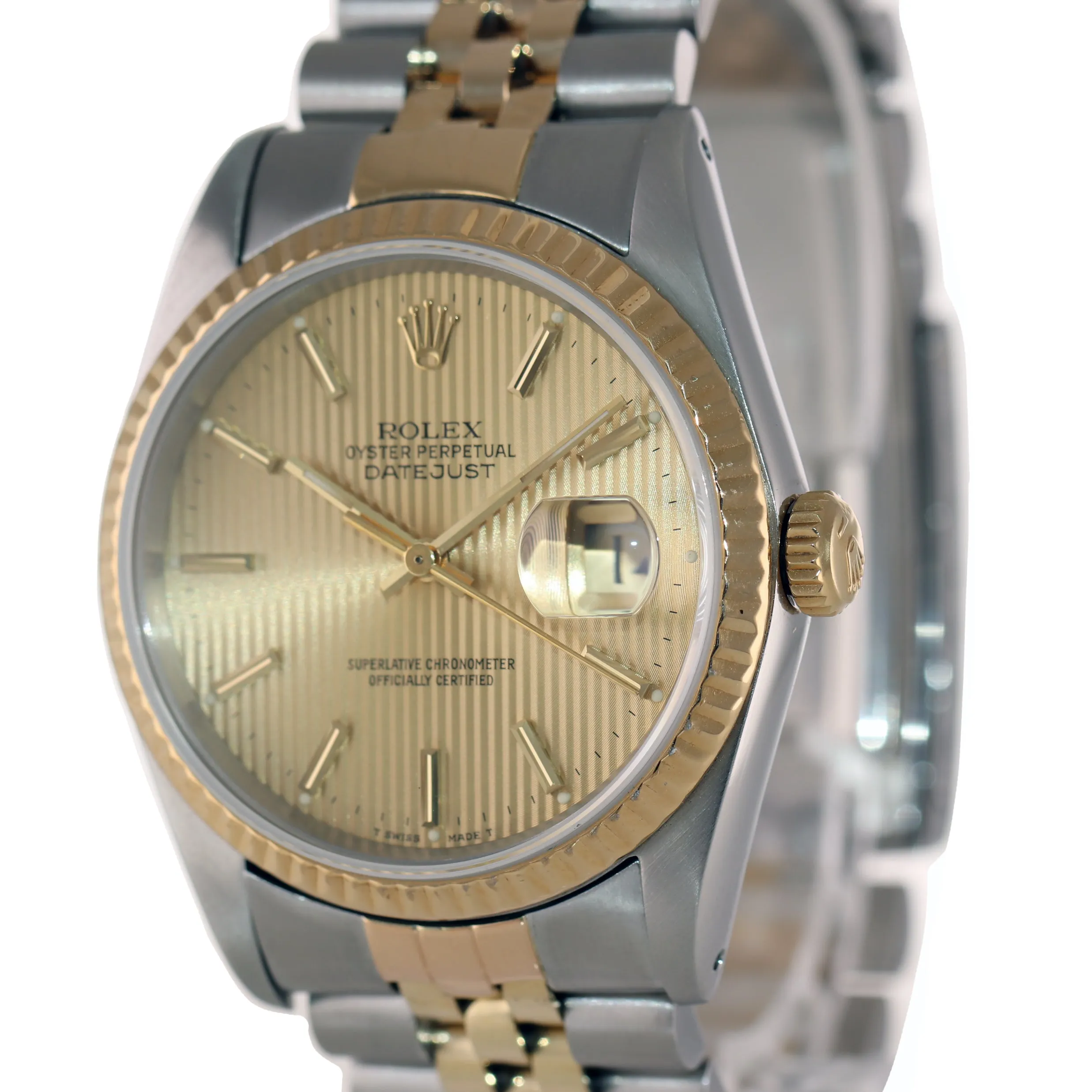 Champagne Tapestry Rolex DateJust 16233 Two Tone 18k Gold & Steel Jubilee Watch