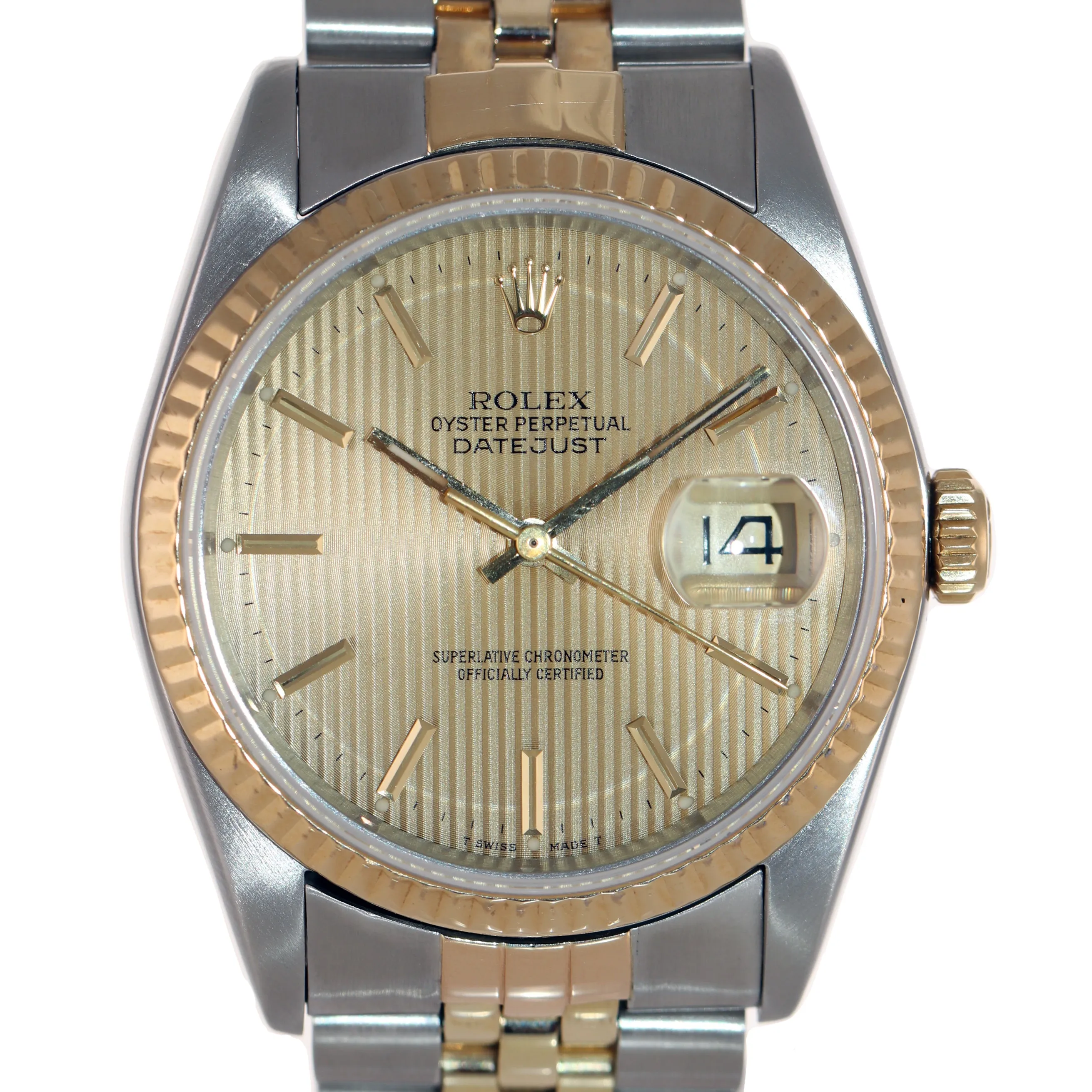 Champagne Tapestry Rolex DateJust 16233 Two Tone 18k Gold & Steel Jubilee Watch