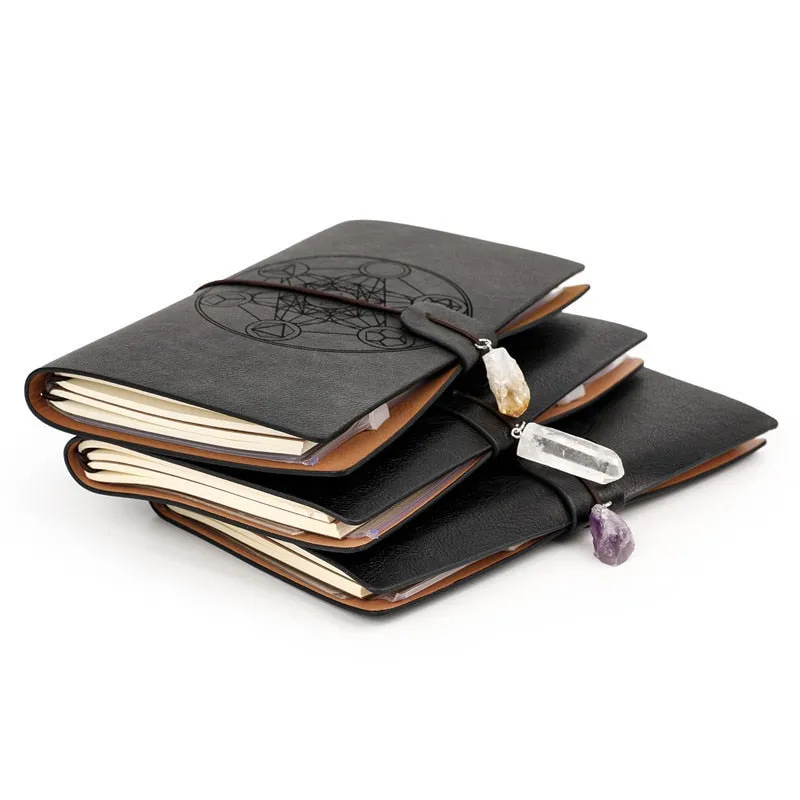 Charka Leather Magic Notebook Rune Natural Crystal Healing Clear quartz Point