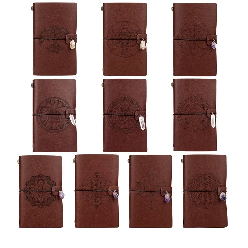 Charka Leather Magic Notebook Rune Natural Crystal Healing Clear quartz Point