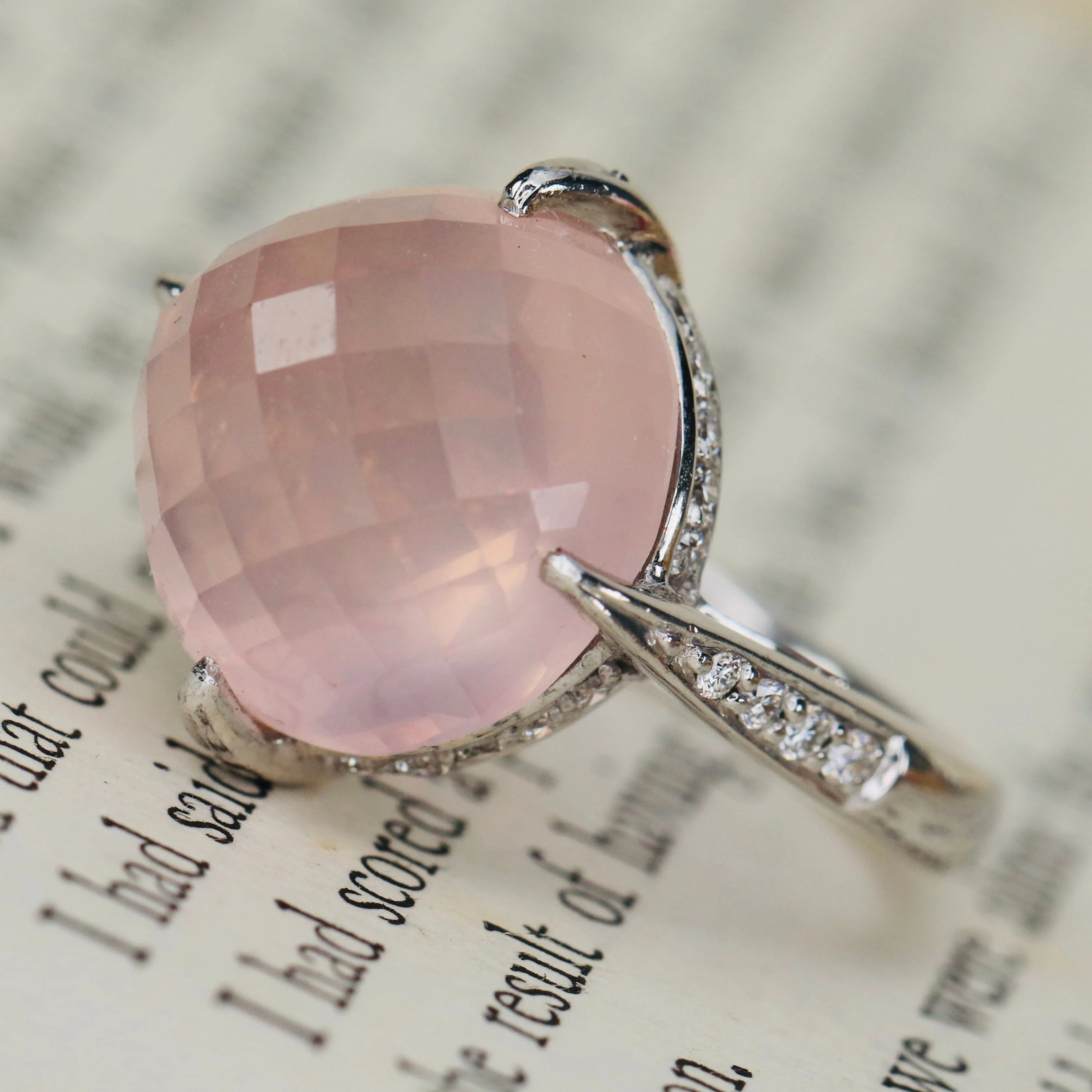 Checkerboard dome rose quartz and diamond ring in 18k white gold