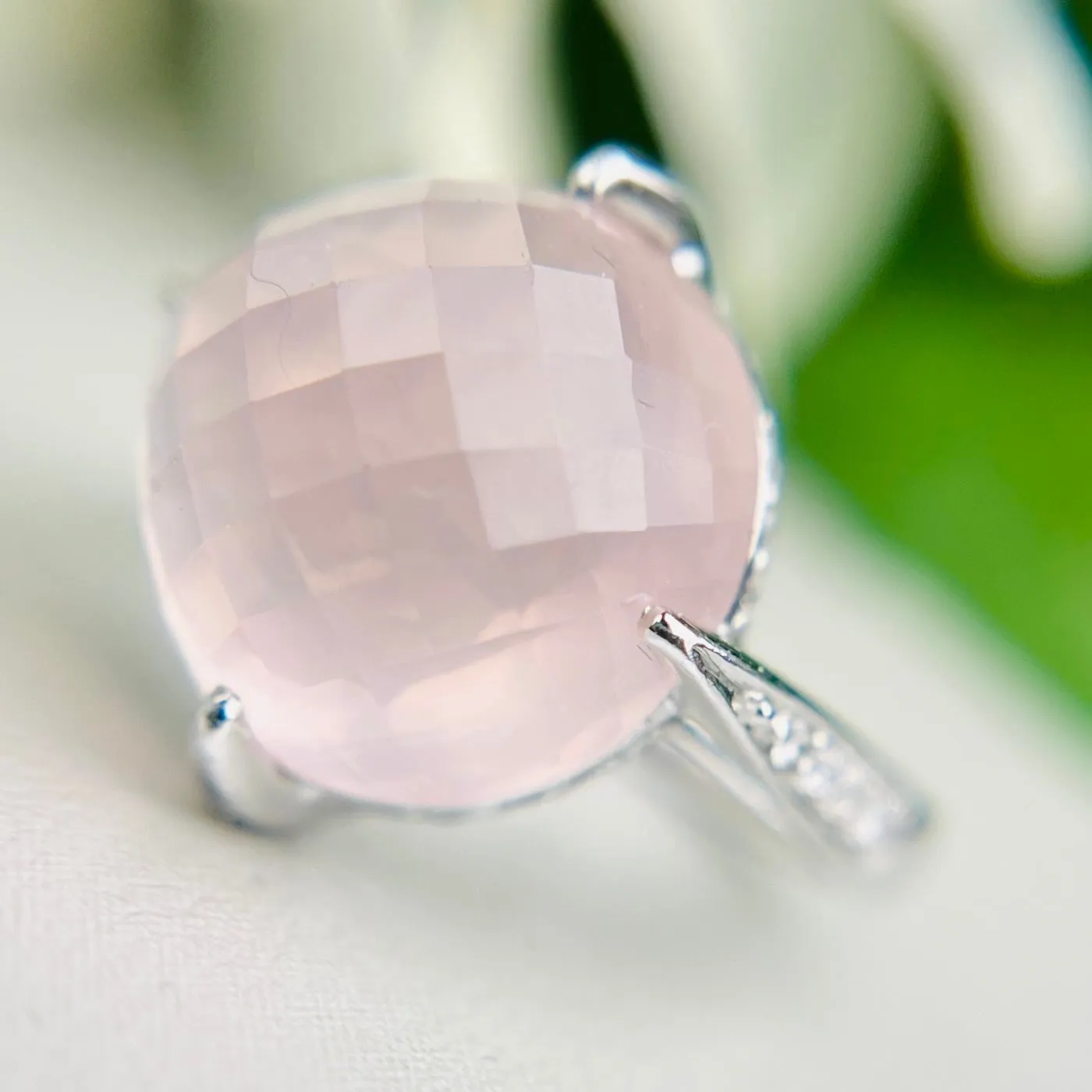 Checkerboard dome rose quartz and diamond ring in 18k white gold