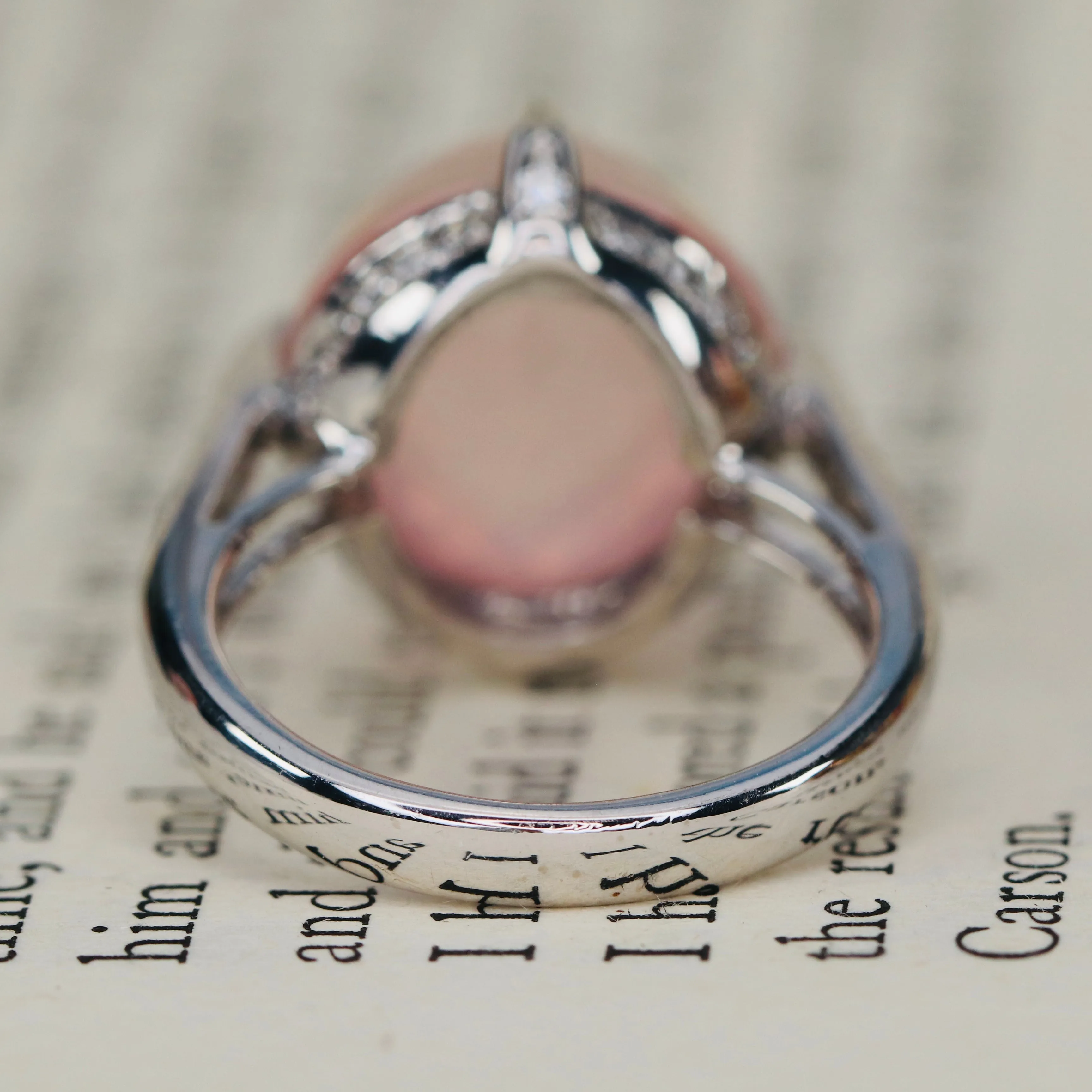 Checkerboard dome rose quartz and diamond ring in 18k white gold