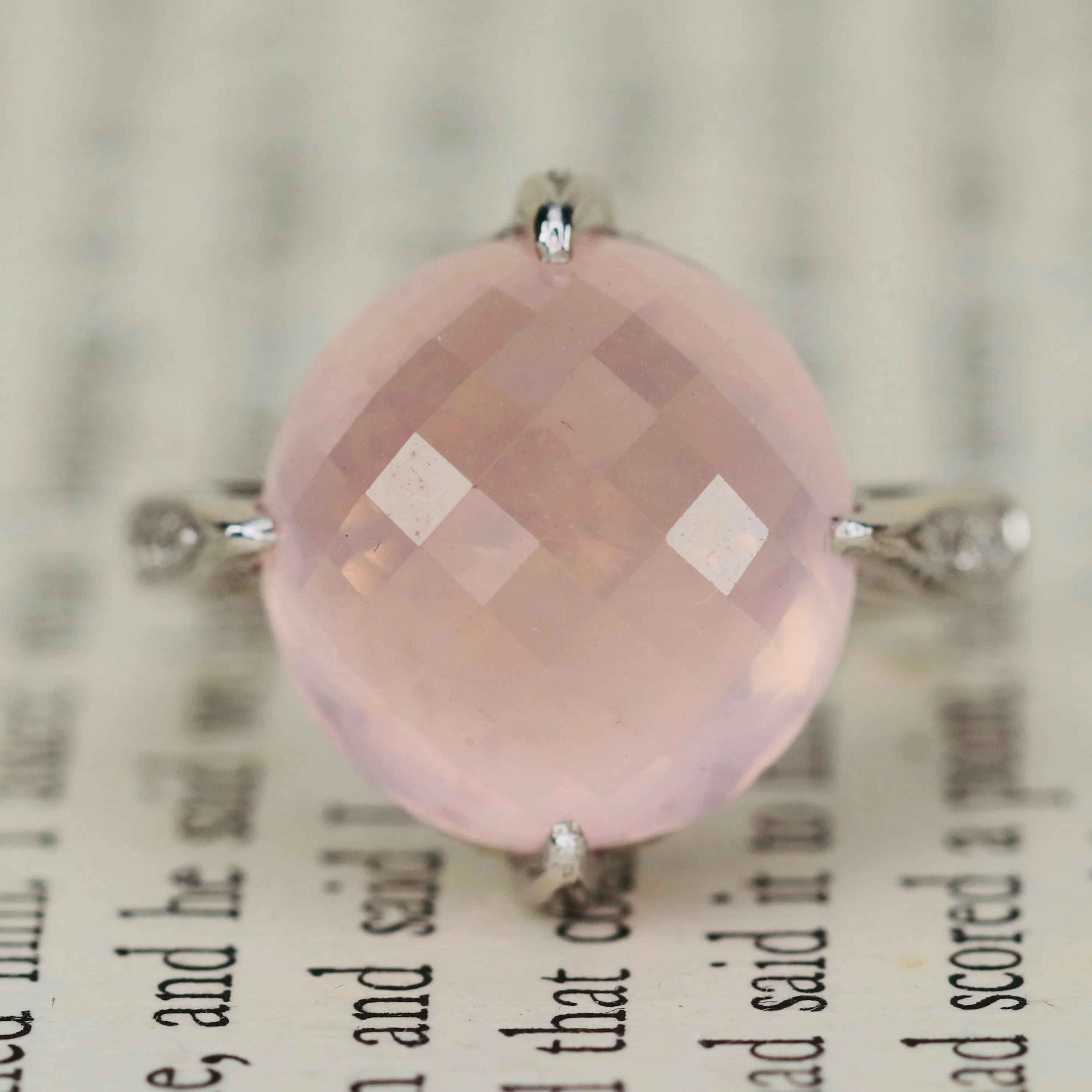 Checkerboard dome rose quartz and diamond ring in 18k white gold