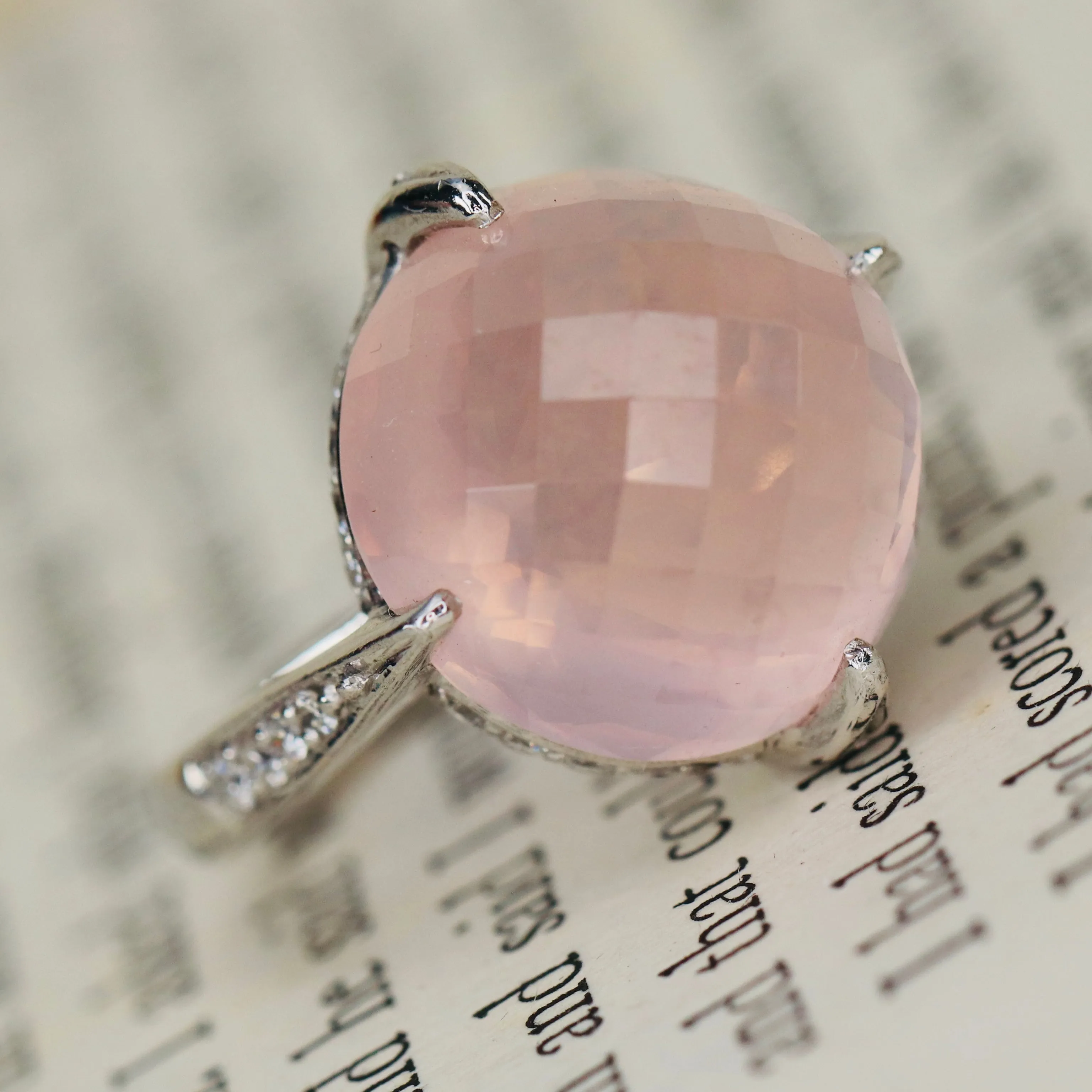 Checkerboard dome rose quartz and diamond ring in 18k white gold