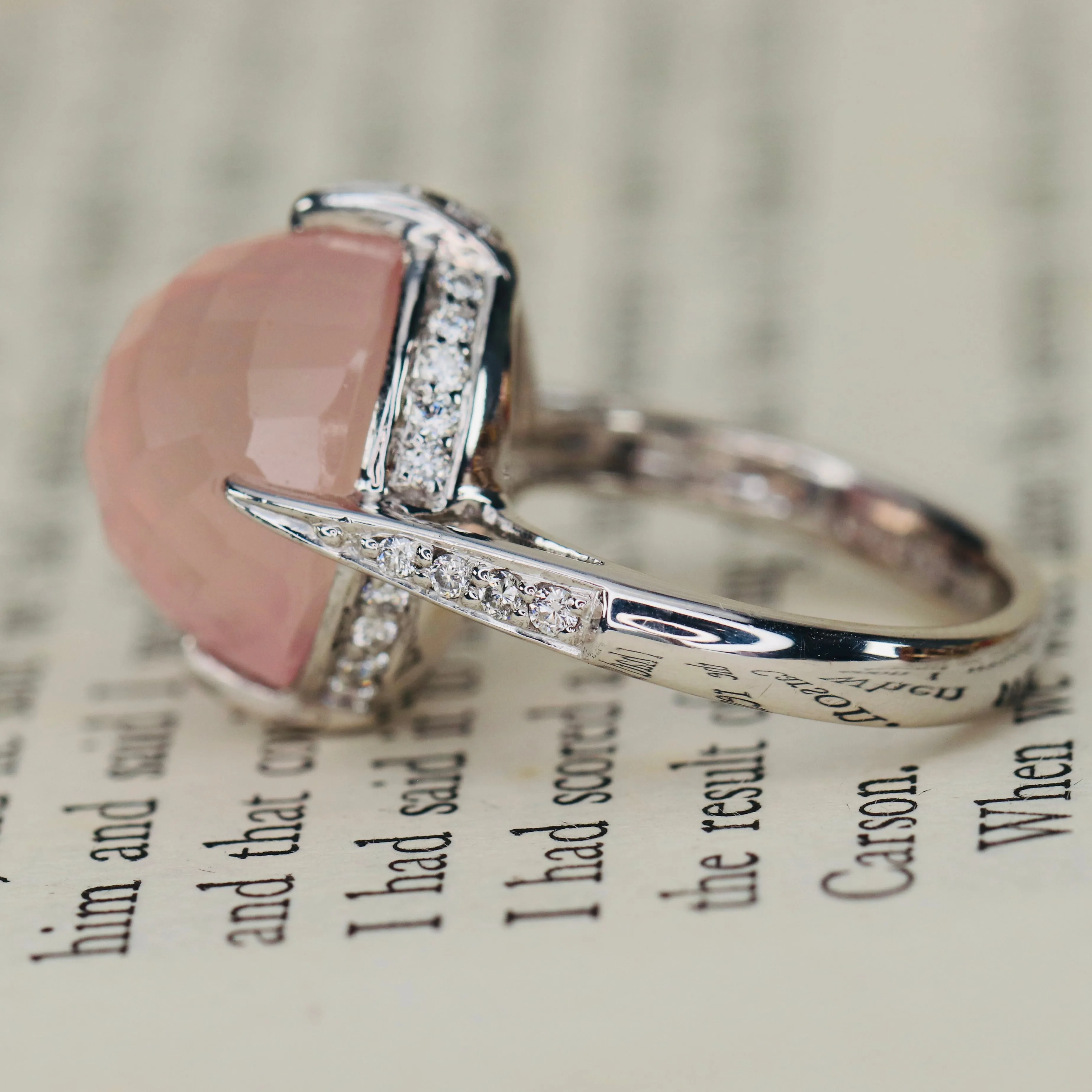 Checkerboard dome rose quartz and diamond ring in 18k white gold
