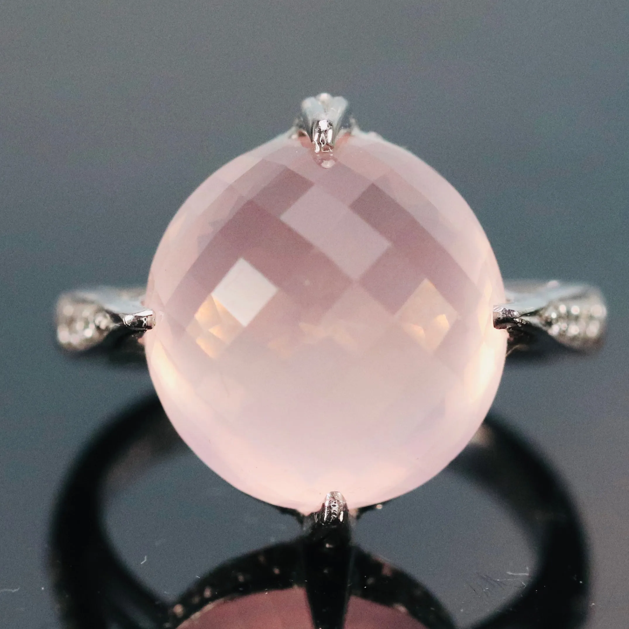 Checkerboard dome rose quartz and diamond ring in 18k white gold