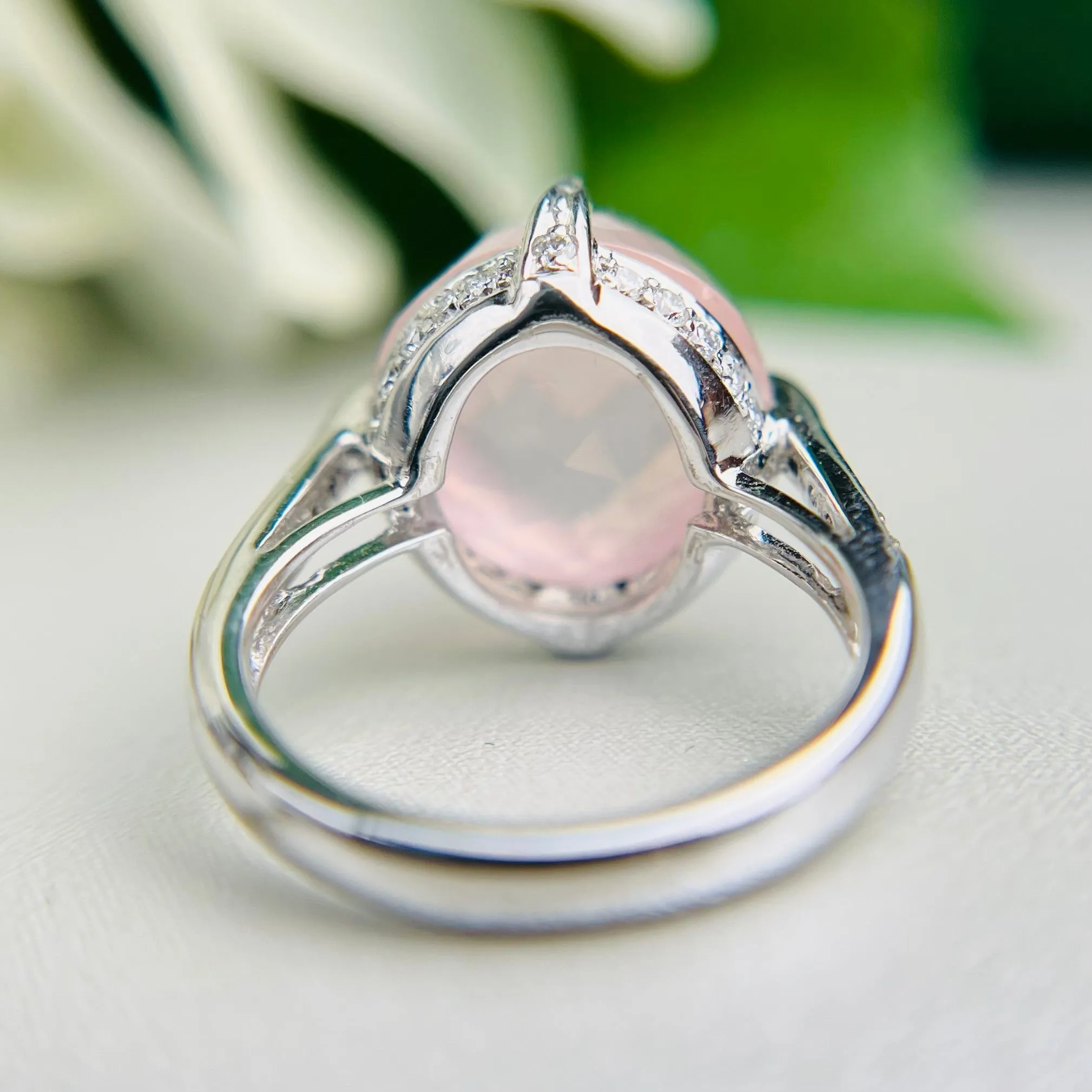 Checkerboard dome rose quartz and diamond ring in 18k white gold