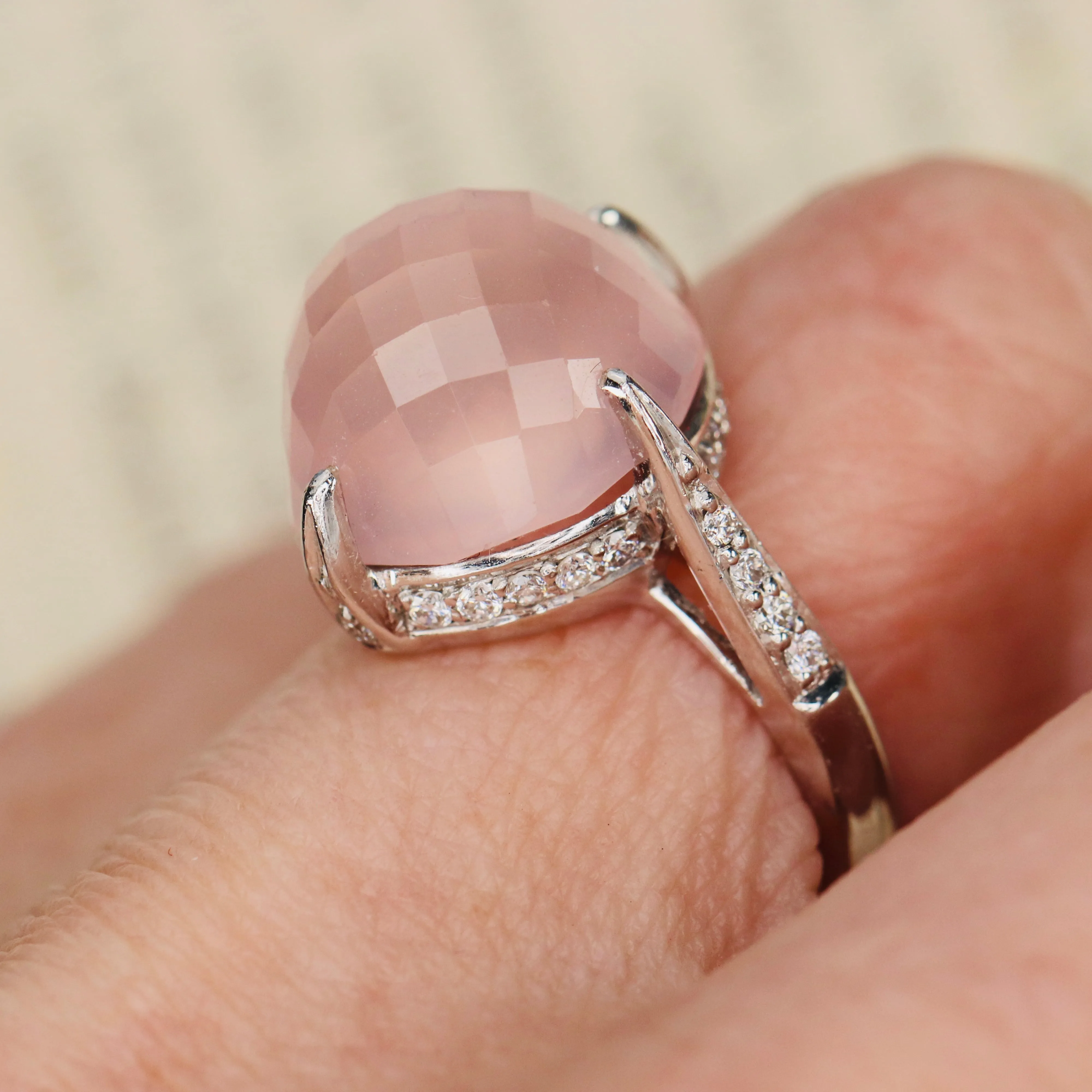 Checkerboard dome rose quartz and diamond ring in 18k white gold