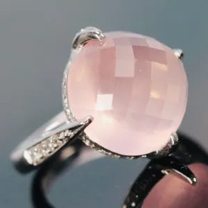 Checkerboard dome rose quartz and diamond ring in 18k white gold