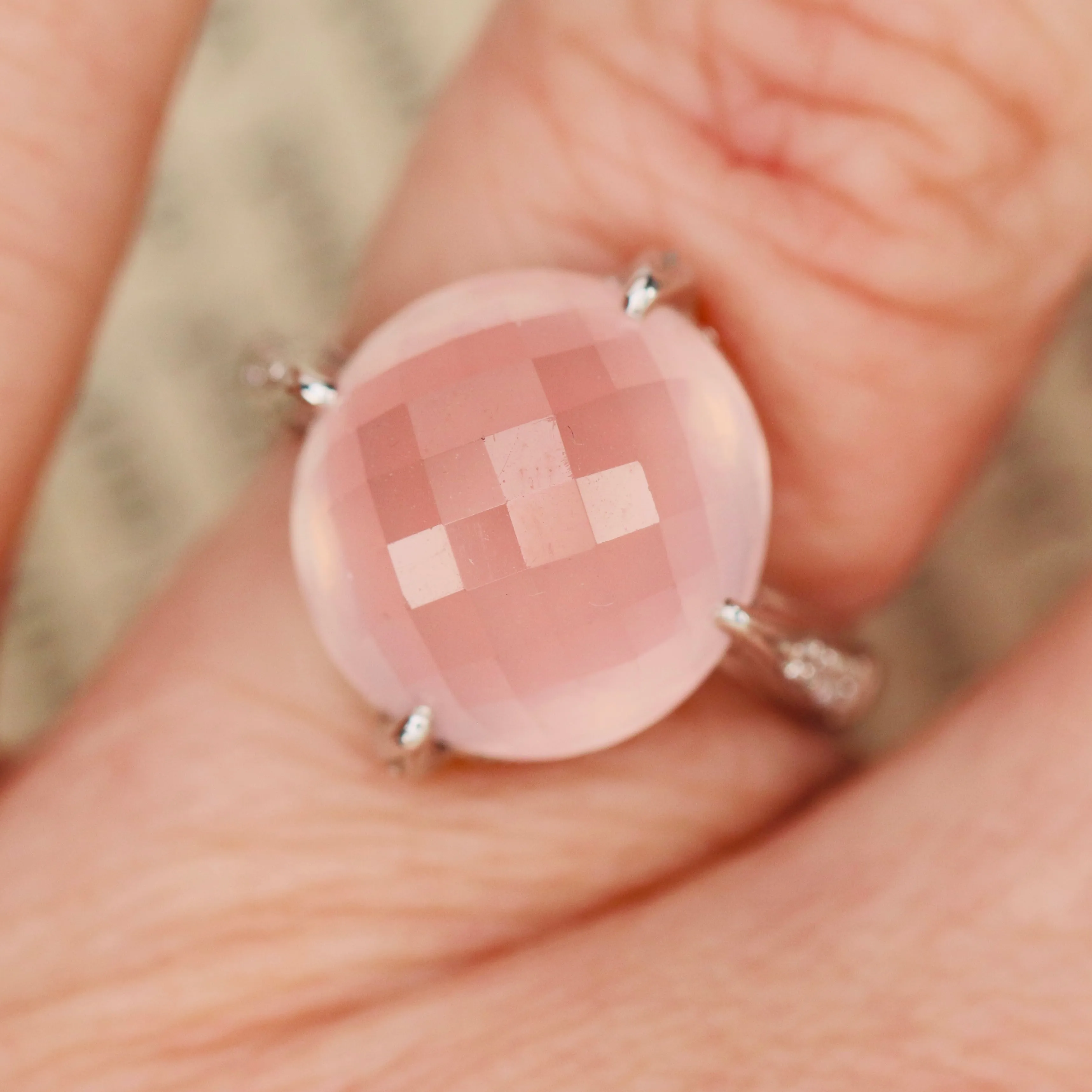 Checkerboard dome rose quartz and diamond ring in 18k white gold