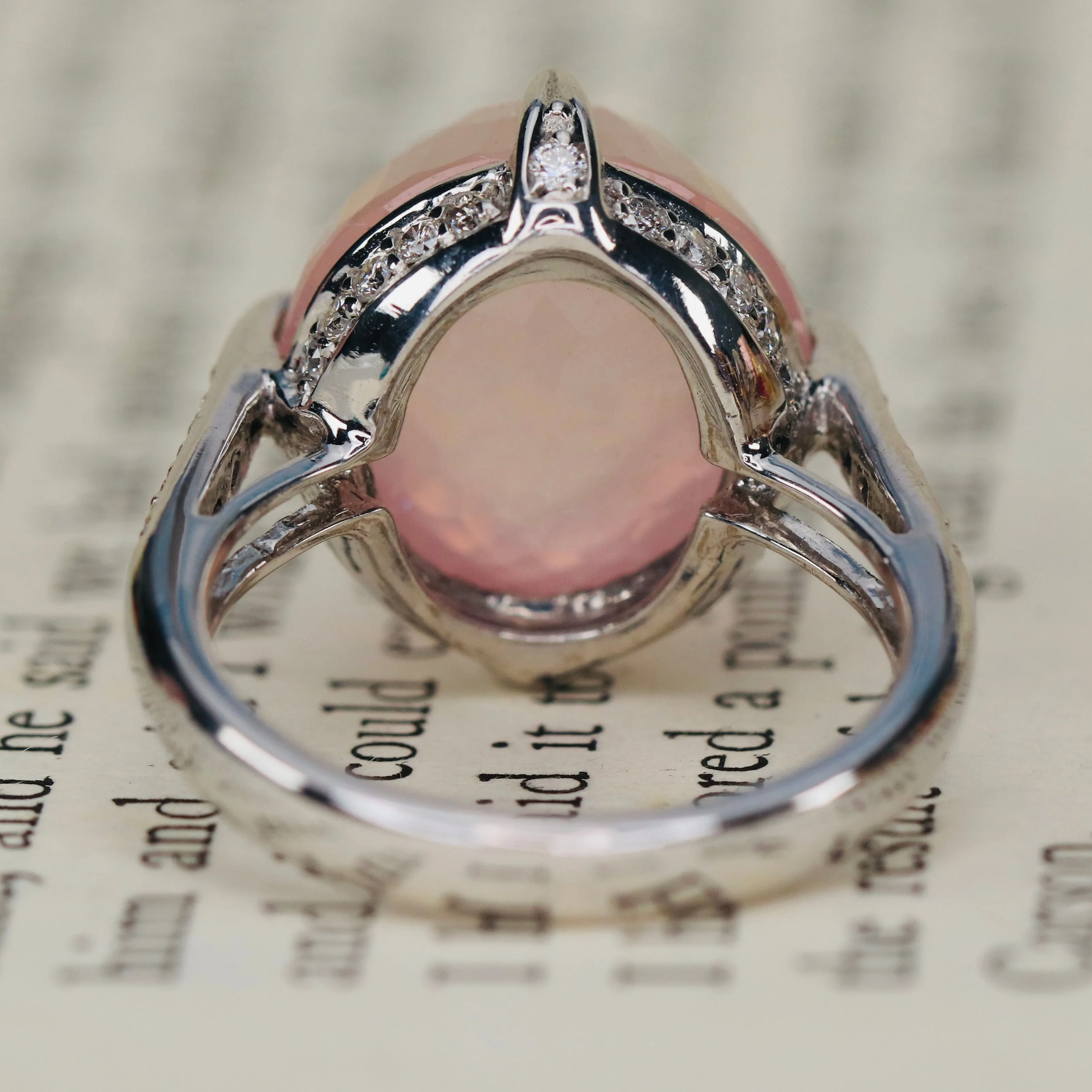Checkerboard dome rose quartz and diamond ring in 18k white gold