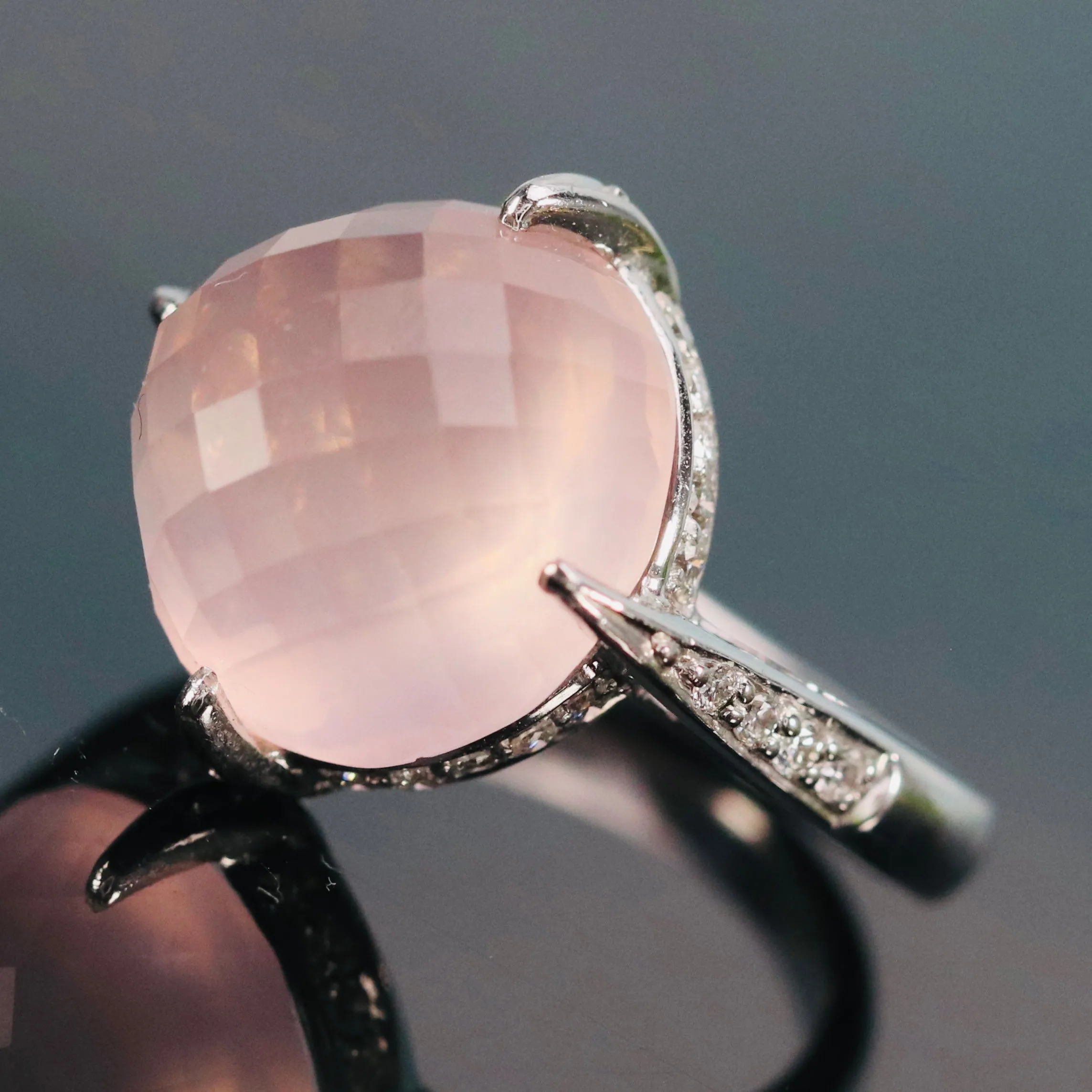 Checkerboard dome rose quartz and diamond ring in 18k white gold