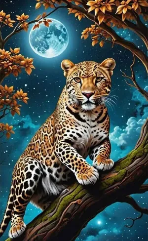 Cheetah Cat Under Full Moon - Hand Crafted One of A Kind - Digital Download Art Poster, Canvas Print, Wall Art, Cottage Core, DIY Art Gift