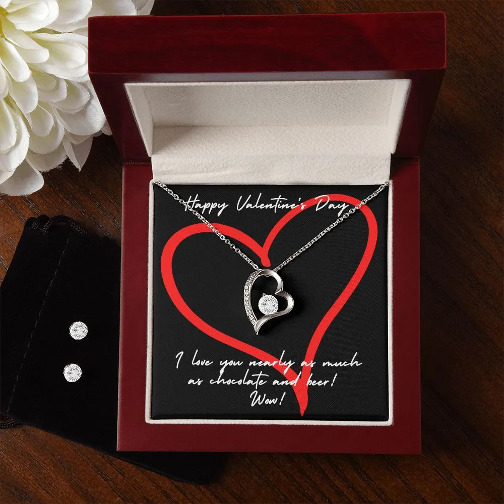 Chocolate & Beer Red Valentine's Forever Heart Necklace & Cubic Zirconia Earring Set