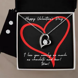 Chocolate & Beer Red Valentine's Forever Heart Necklace & Cubic Zirconia Earring Set