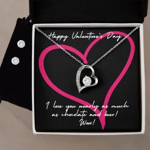 Chocolate & Beer Valentine's Forever Heart Necklace & Cubic Zirconia Earring Set