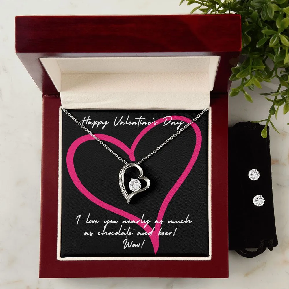 Chocolate & Beer Valentine's Forever Heart Necklace & Cubic Zirconia Earring Set