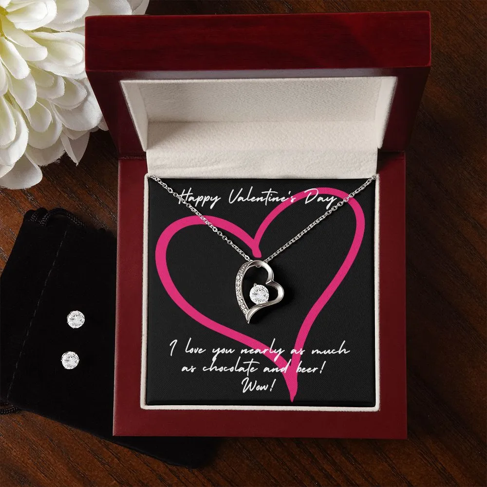 Chocolate & Beer Valentine's Forever Heart Necklace & Cubic Zirconia Earring Set
