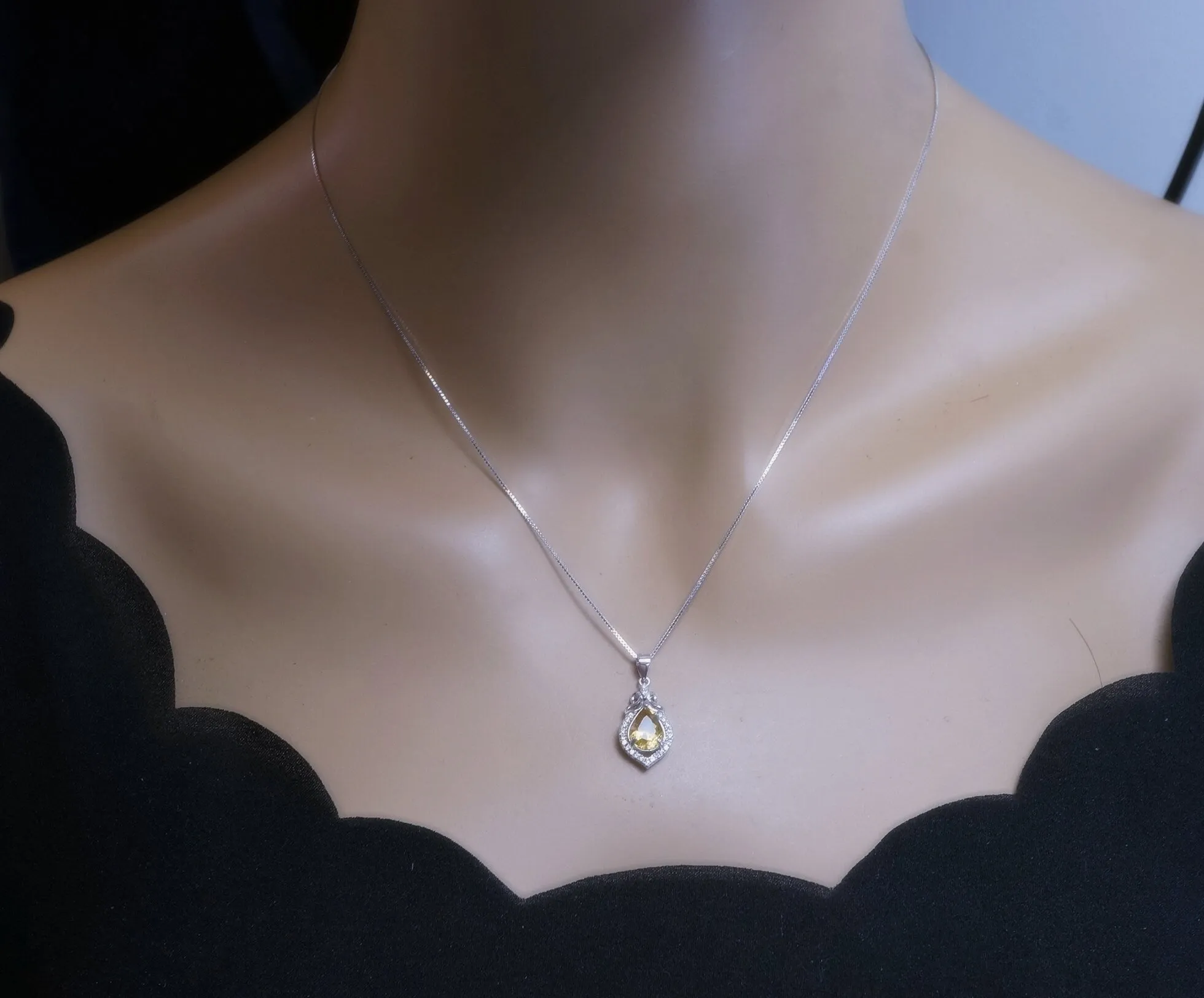 Citrine Necklace Silver - Genuine Teardrop Citrine   Full 925 Sterling Silver November Birthstone Platinum Coated Box Chain #427