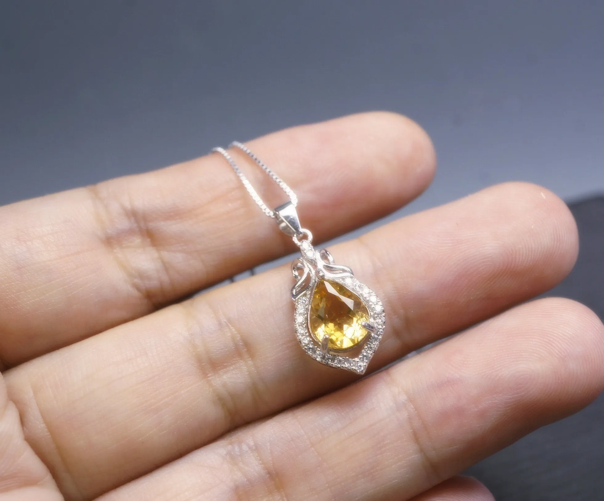 Citrine Necklace Silver - Genuine Teardrop Citrine   Full 925 Sterling Silver November Birthstone Platinum Coated Box Chain #427