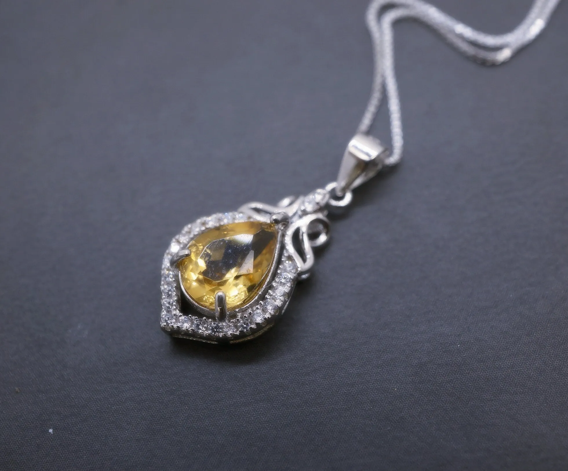 Citrine Necklace Silver - Genuine Teardrop Citrine   Full 925 Sterling Silver November Birthstone Platinum Coated Box Chain #427
