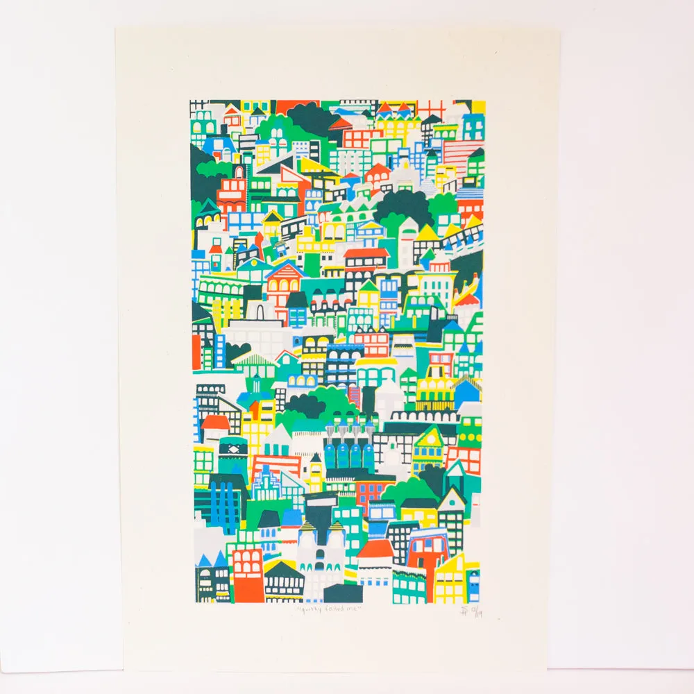 city art print, 6 color silkscreen print, busy city sprawl illustration, colorful wall art for the home, gritty fooled me