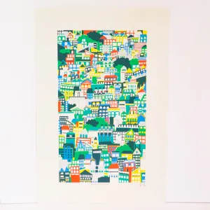 city art print, 6 color silkscreen print, busy city sprawl illustration, colorful wall art for the home, gritty fooled me