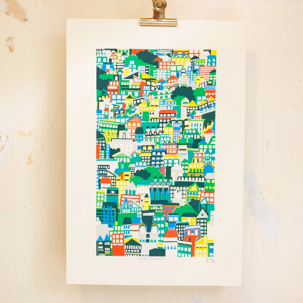 city art print, 6 color silkscreen print, busy city sprawl illustration, colorful wall art for the home, gritty fooled me