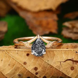 Classic Twisted Art Deco  Natural Black Rutilated Quartz Anniversary Engagement Ring in Silver Women Gift