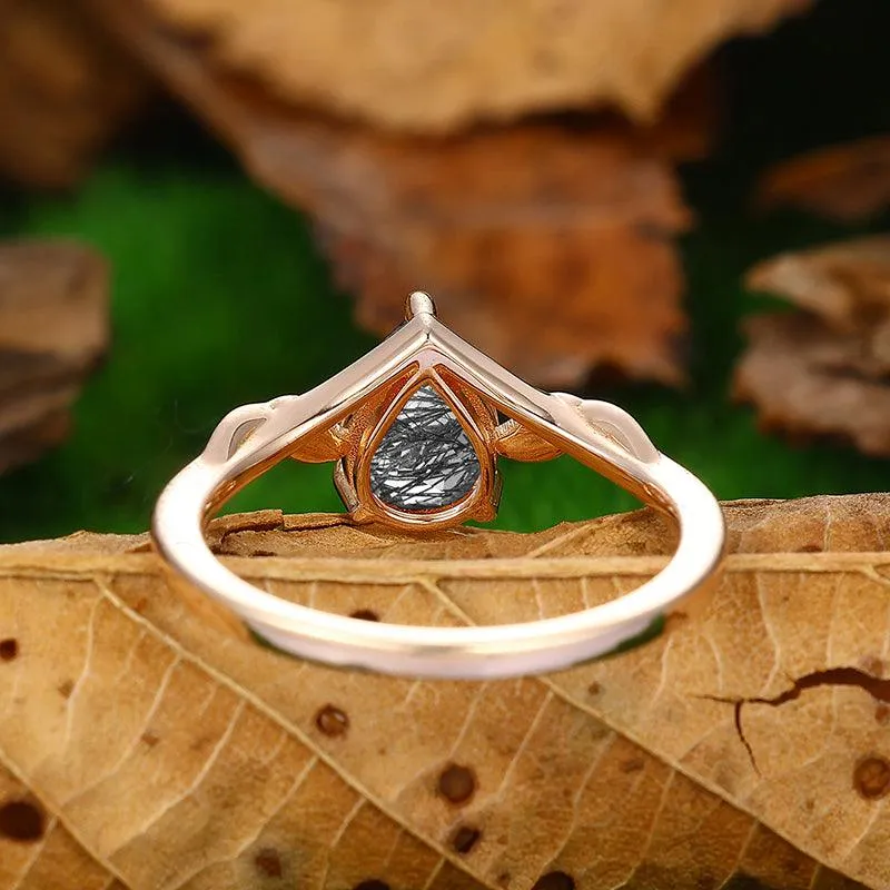 Classic Twisted Art Deco  Natural Black Rutilated Quartz Anniversary Engagement Ring in Silver Women Gift