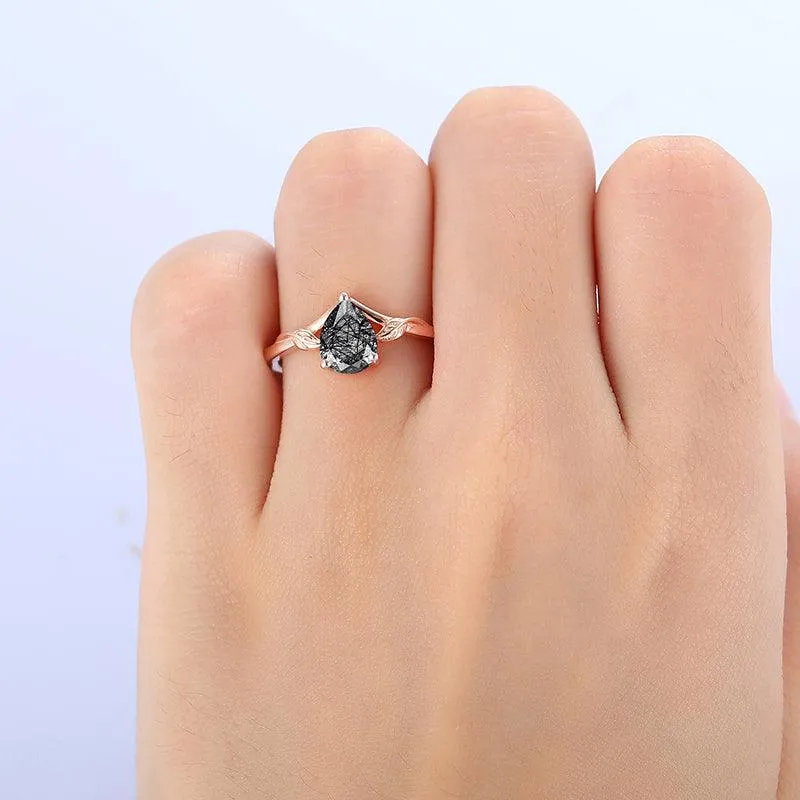 Classic Twisted Art Deco  Natural Black Rutilated Quartz Anniversary Engagement Ring in Silver Women Gift