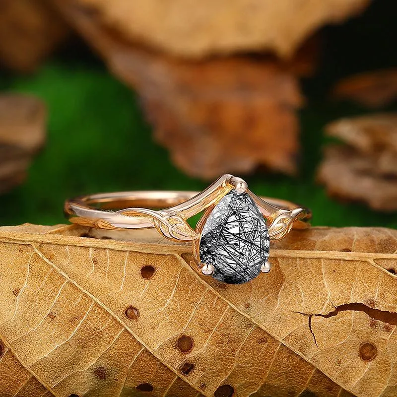 Classic Twisted Art Deco  Natural Black Rutilated Quartz Anniversary Engagement Ring in Silver Women Gift