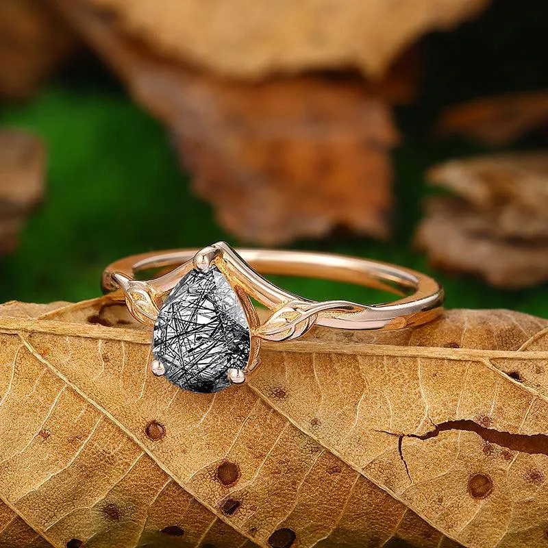 Classic Twisted Art Deco  Natural Black Rutilated Quartz Anniversary Engagement Ring in Silver Women Gift