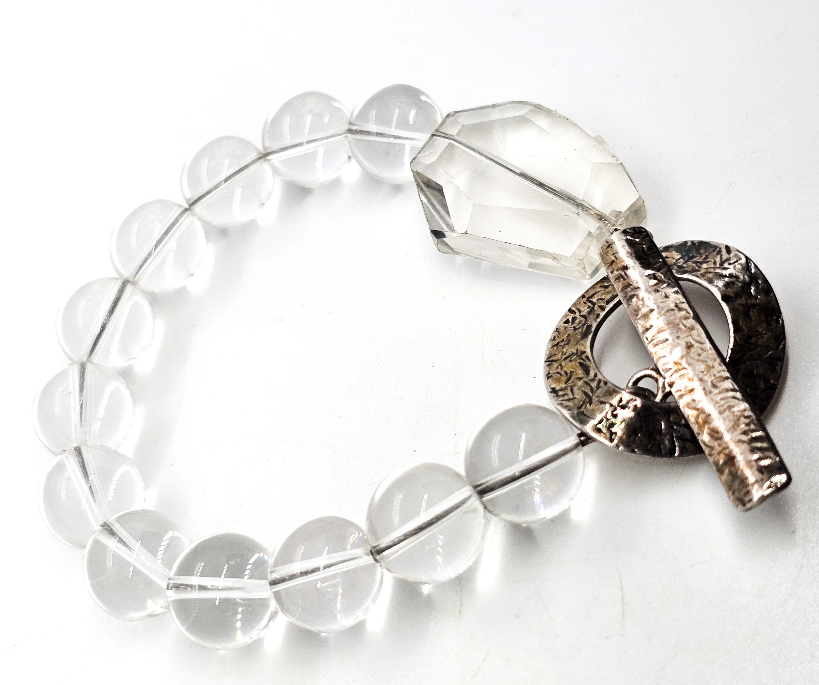 Clear Quartz gemstone beaded Sterling silver toggle clasp bracelet