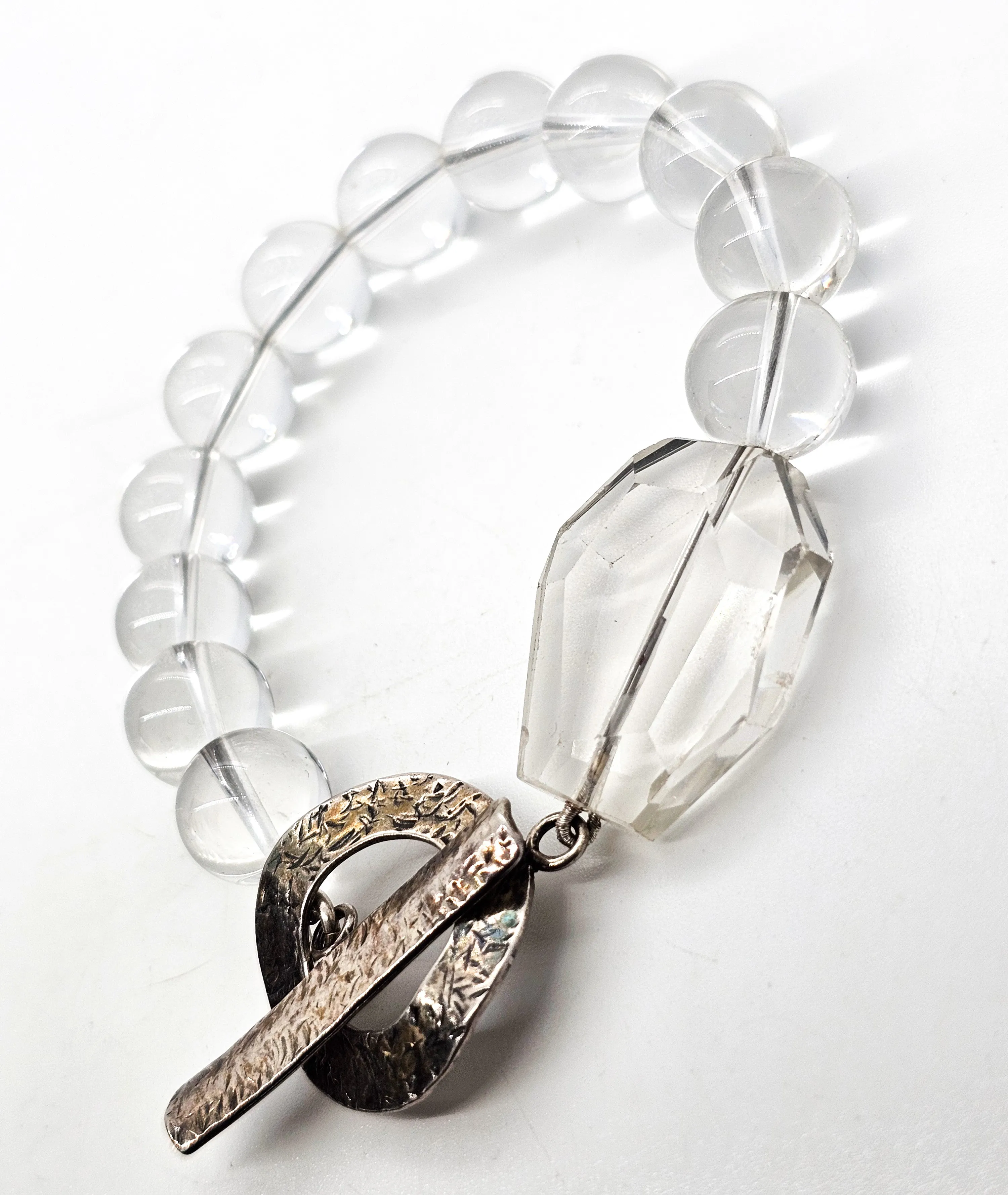 Clear Quartz gemstone beaded Sterling silver toggle clasp bracelet