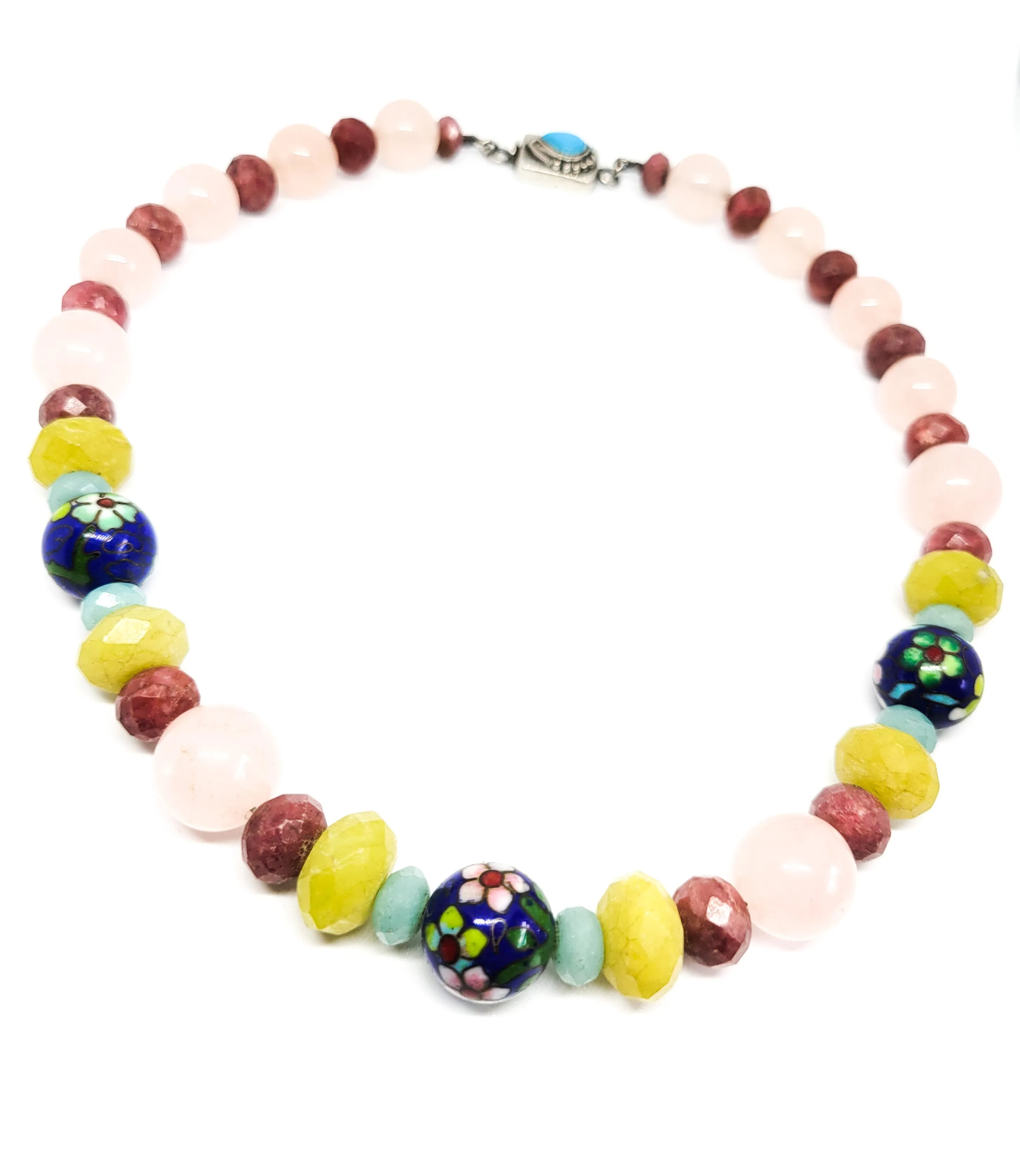 Cloisonne Rose quartz amazonite turqouise sterling silver beaded necklace