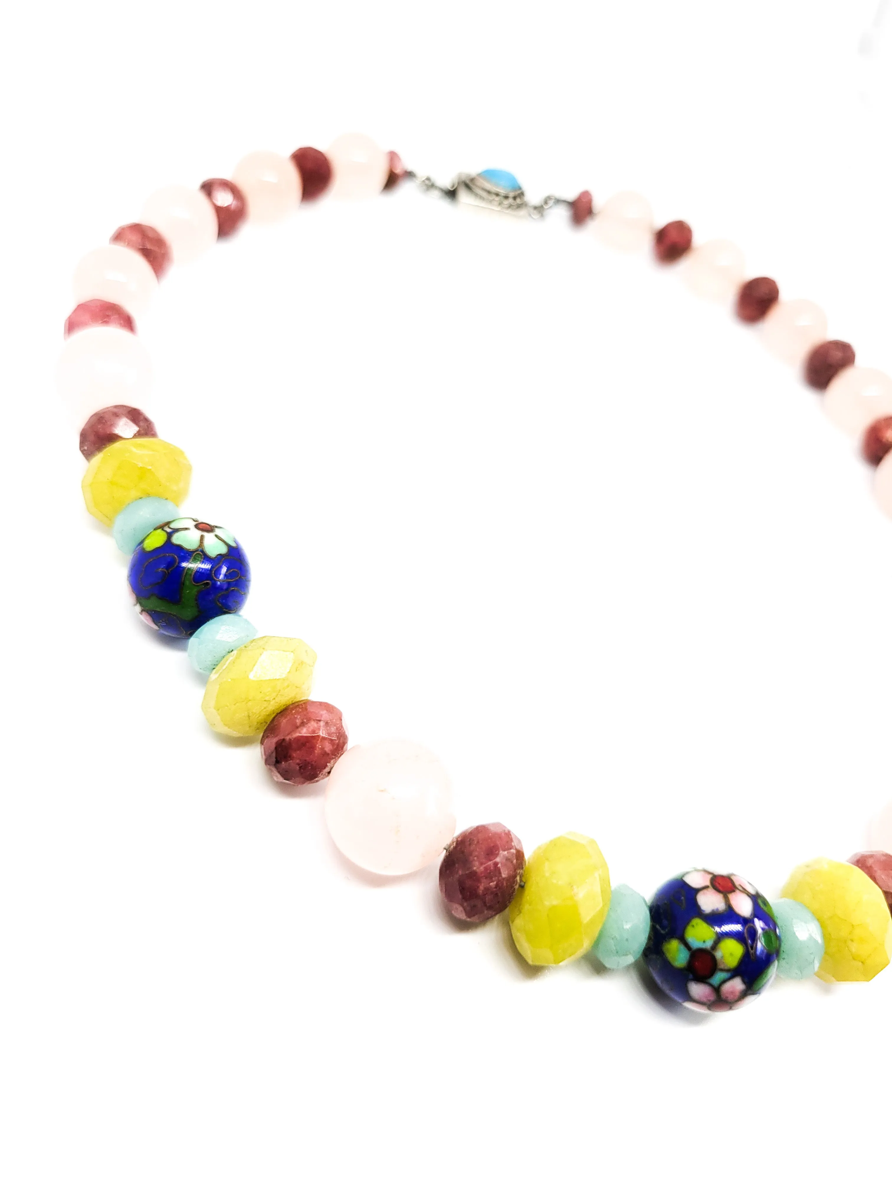 Cloisonne Rose quartz amazonite turqouise sterling silver beaded necklace