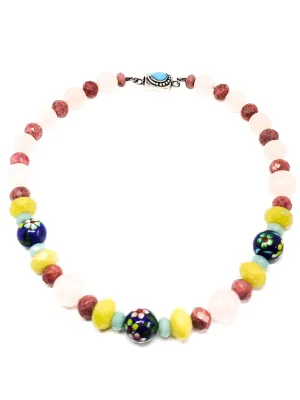 Cloisonne Rose quartz amazonite turqouise sterling silver beaded necklace