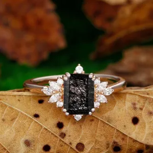 Cluster Halo  Emerald Cut Natural Black Rutilated Quartz   Wedding Promise Ring