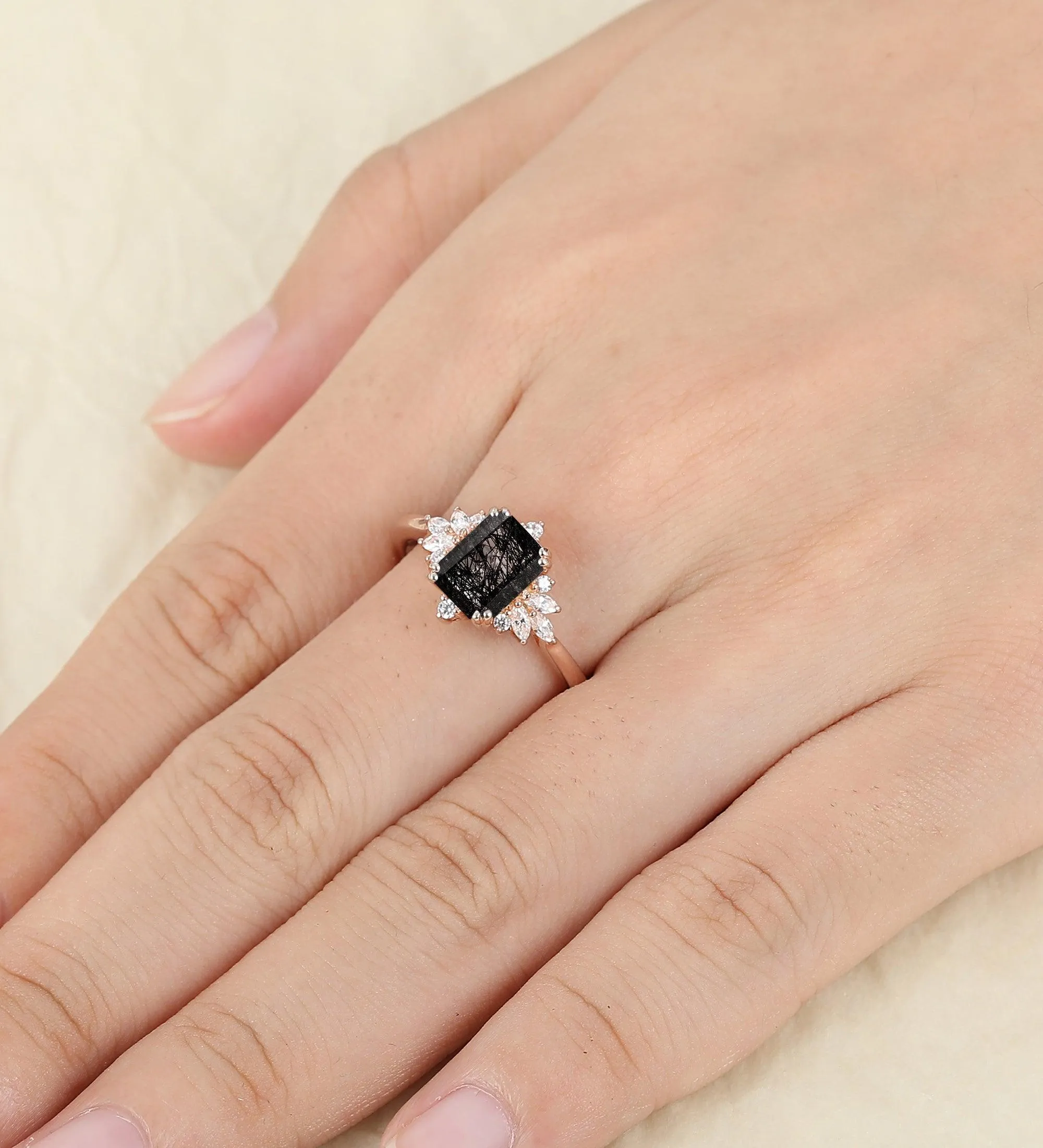Cluster Halo  Emerald Cut Natural Black Rutilated Quartz   Wedding Promise Ring