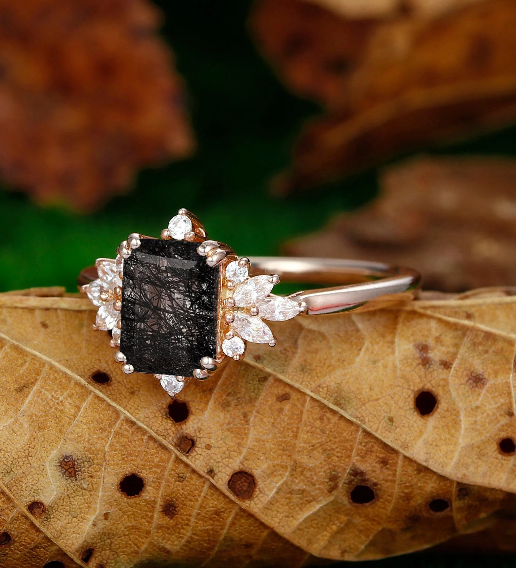 Cluster Halo  Emerald Cut Natural Black Rutilated Quartz   Wedding Promise Ring