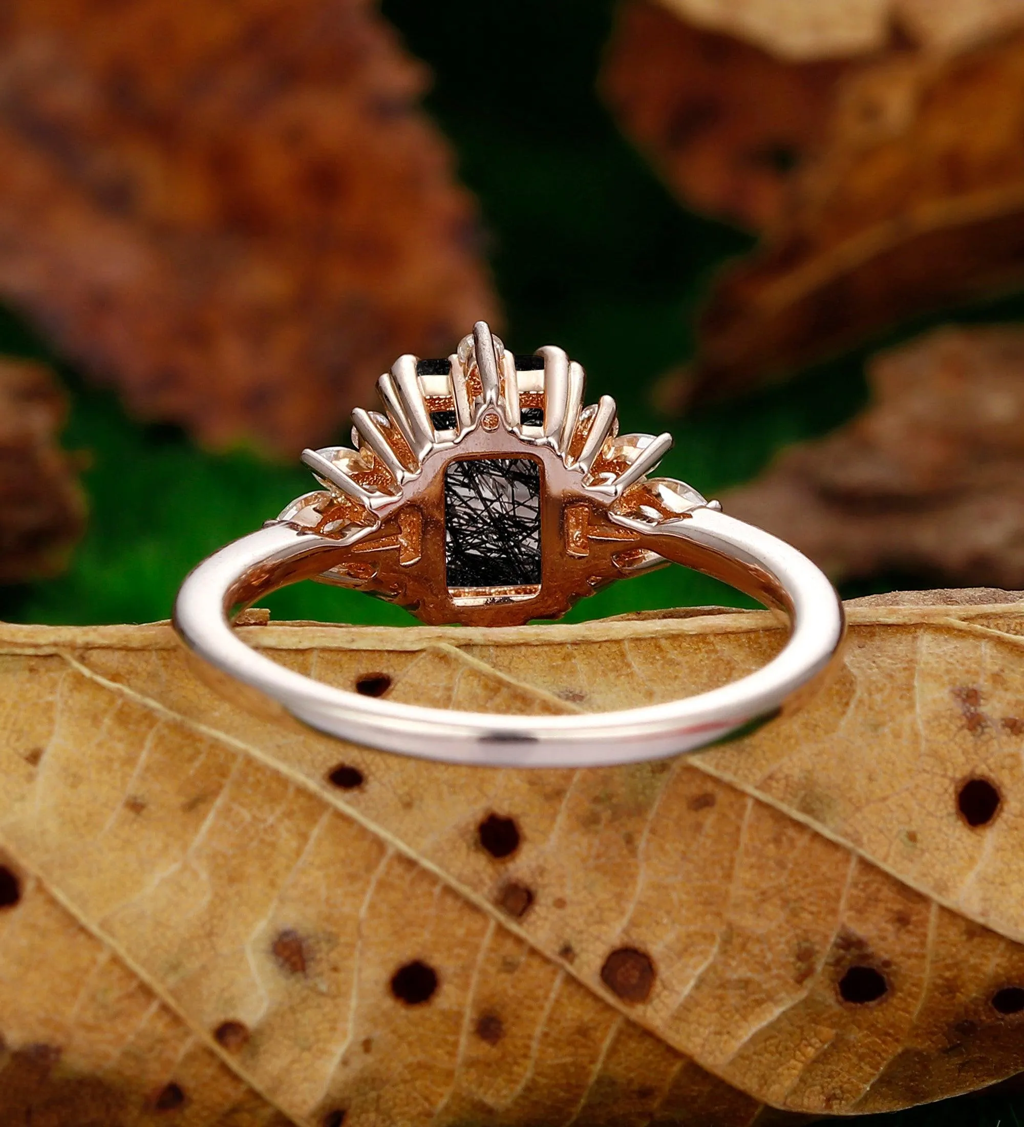 Cluster Halo  Emerald Cut Natural Black Rutilated Quartz   Wedding Promise Ring