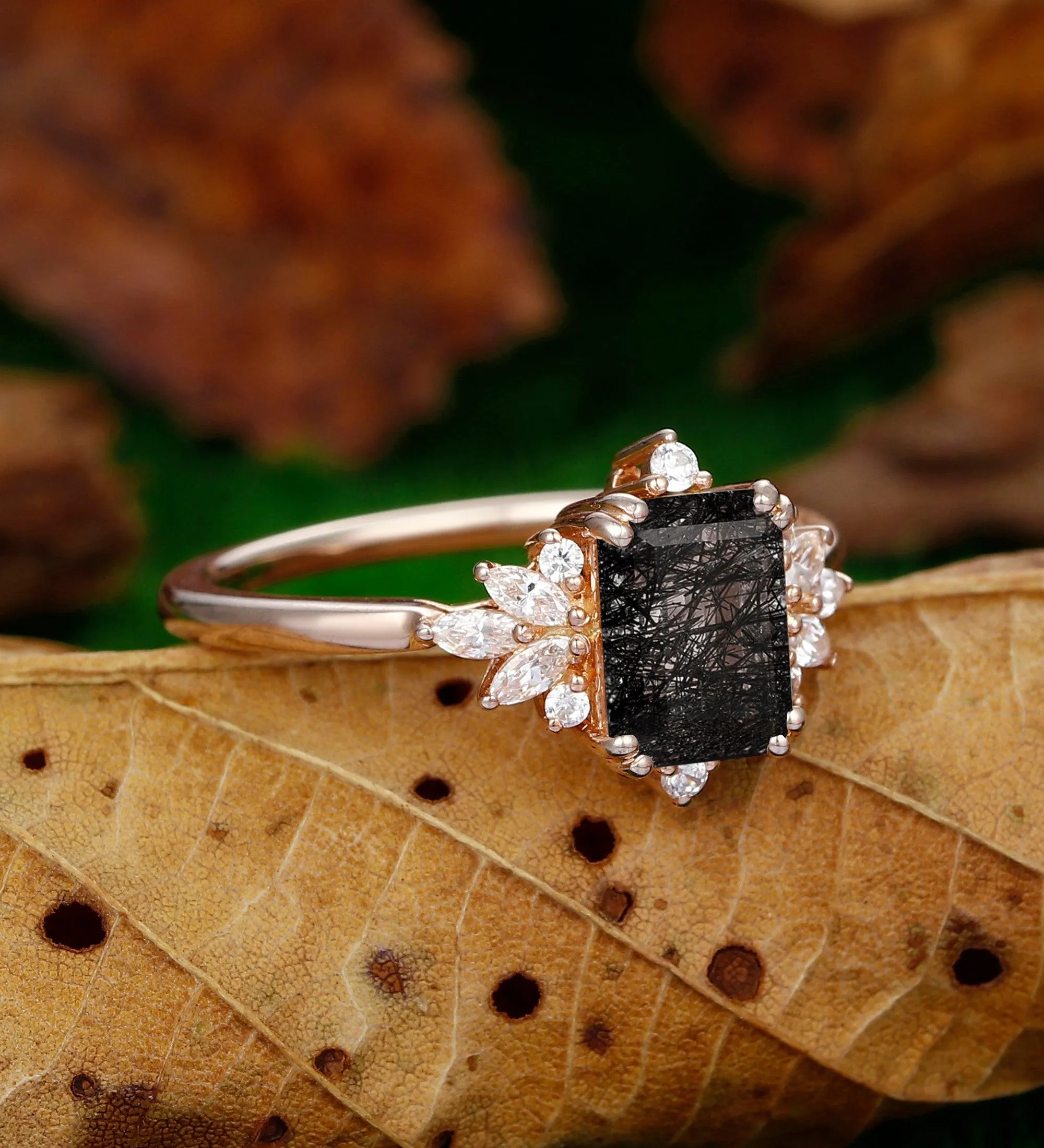 Cluster Halo  Emerald Cut Natural Black Rutilated Quartz   Wedding Promise Ring