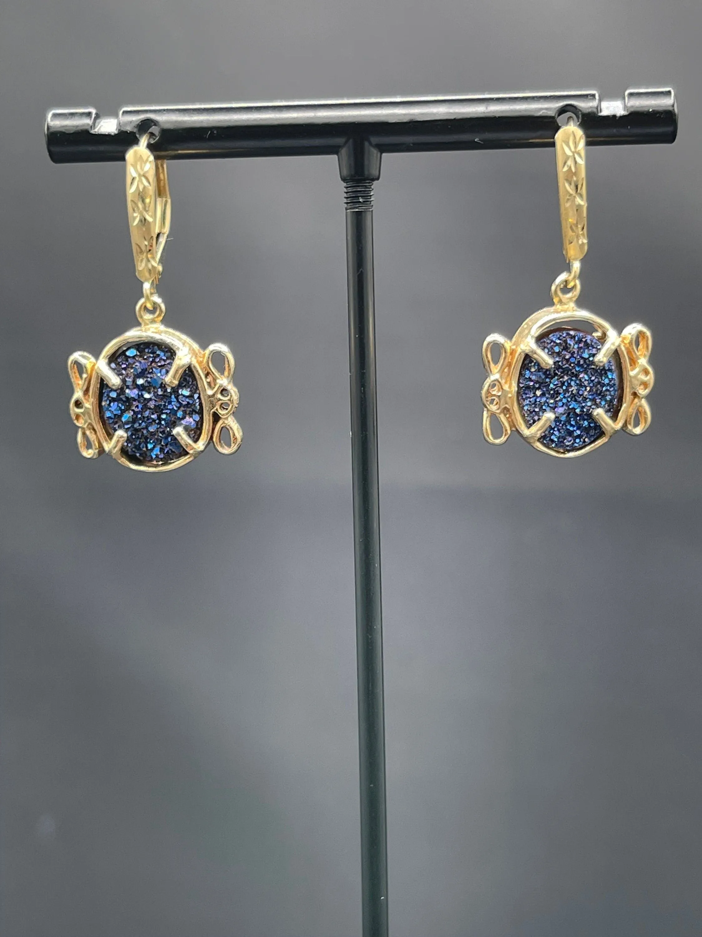 Cobalt Druzy Quartz 14k Yellow Gold French Lever Back Earrings