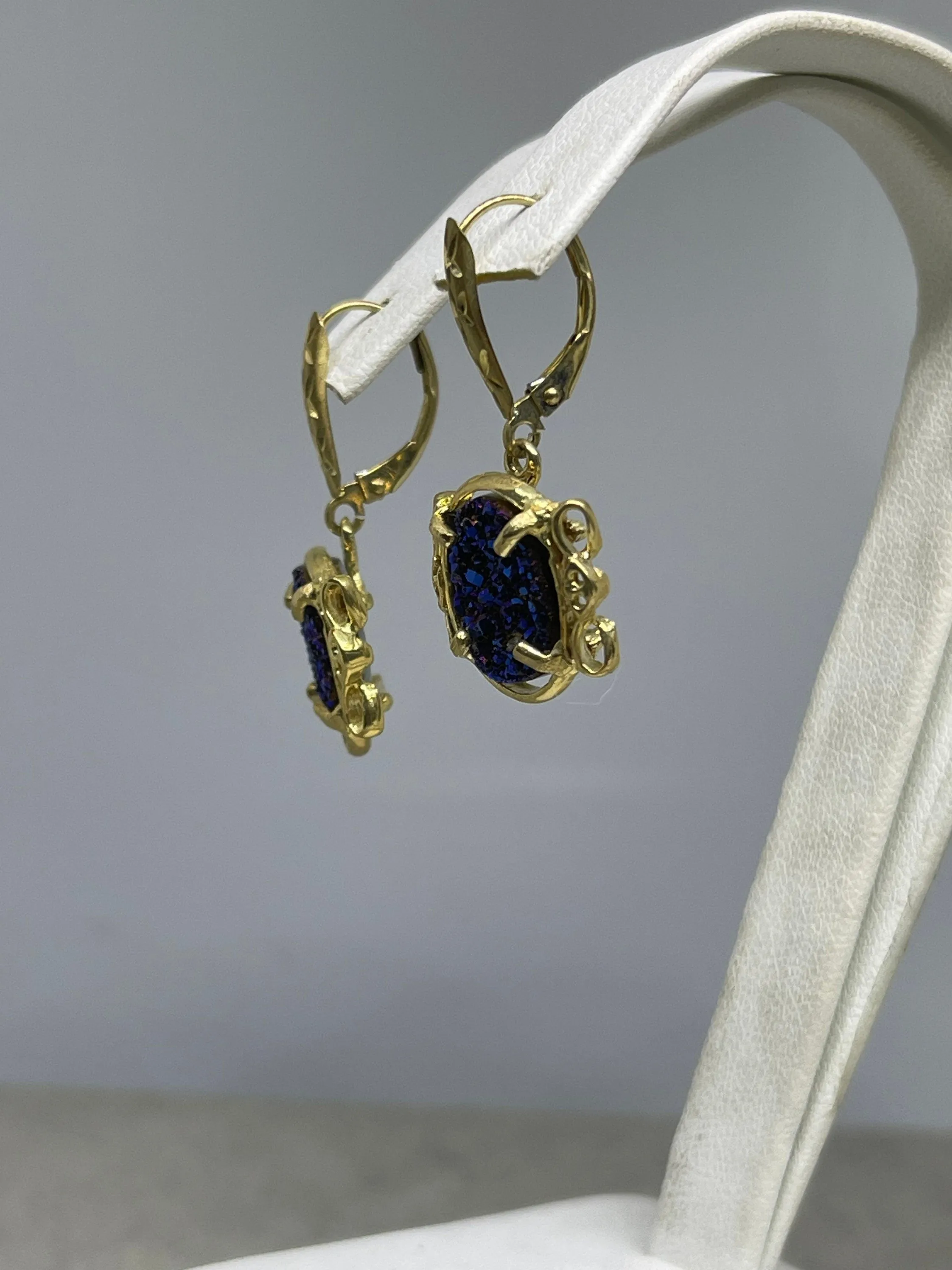 Cobalt Druzy Quartz 14k Yellow Gold French Lever Back Earrings